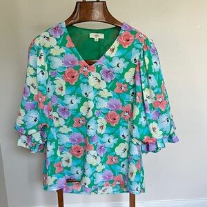 Entro Floral V-Neck Blouse - Green and Multicolor